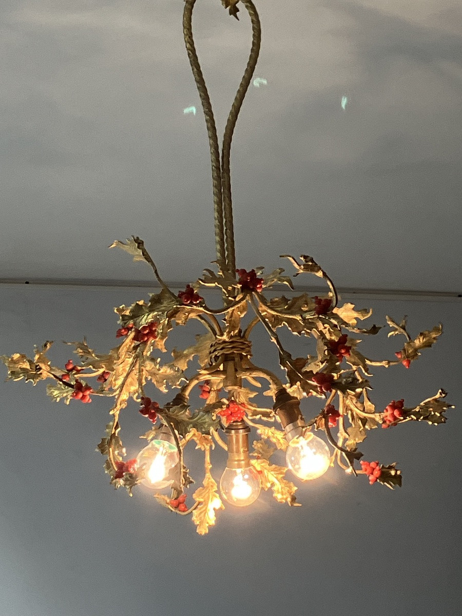 Art Nouveau Gilded Bronze Chandelier Bouquet De Houx Ceiling Light -photo-3