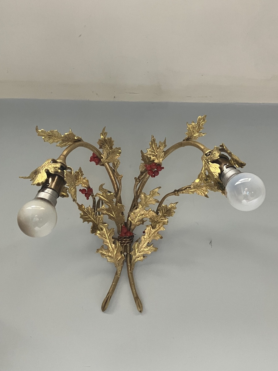 Paire appliques art nouveau bouquet de Houx en bronze doré -photo-1
