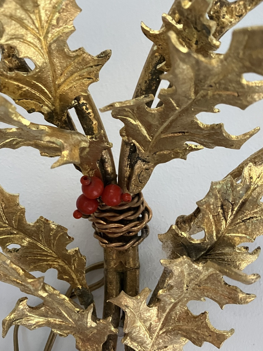 Paire appliques art nouveau bouquet de Houx en bronze doré -photo-3