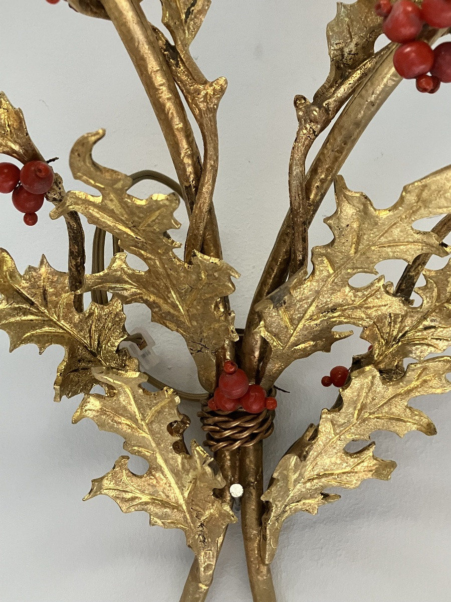 Paire appliques art nouveau bouquet de Houx en bronze doré -photo-4