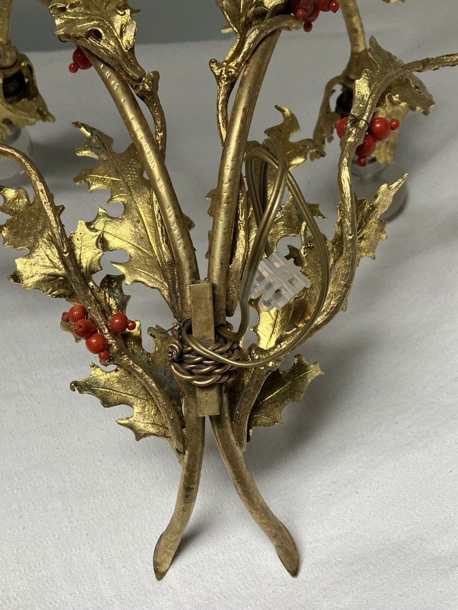 Paire appliques art nouveau bouquet de Houx en bronze doré -photo-7