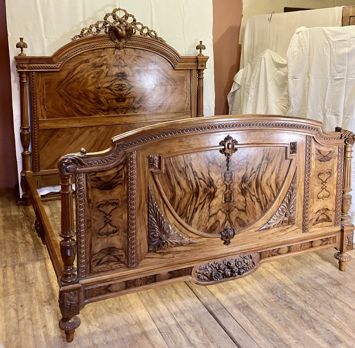 Huge Interior Bed 208 X 186 Cm In Napoleon III Walnut, Very Large King Size Format