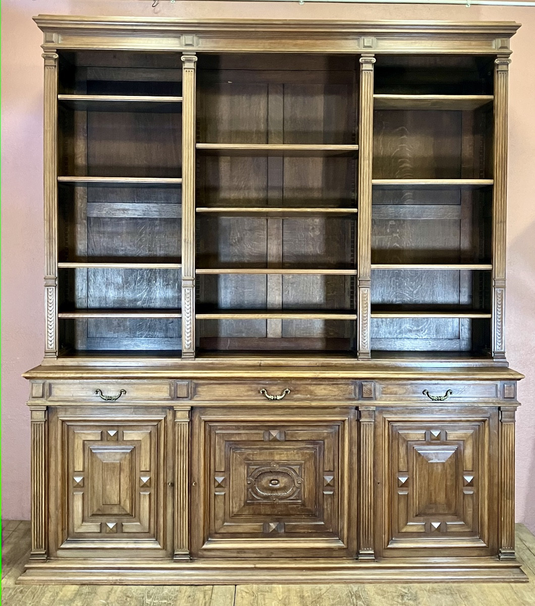 Large Napoleon III Walnut Woodwork Bookcase, Width 223 Cm, 3 Doors And 3 Drawers 