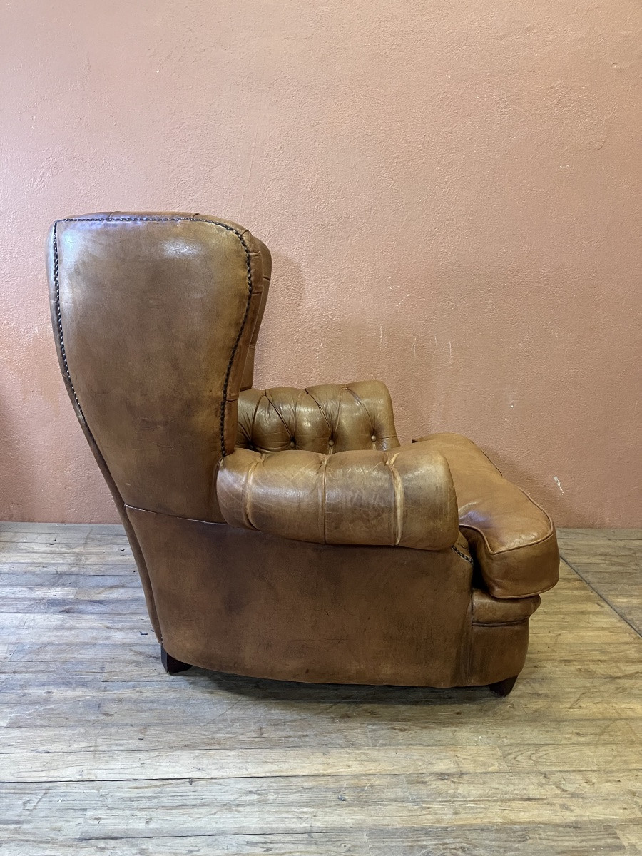 English Chesterfield Leather Living Room Sofa And Two Armchairs -photo-2