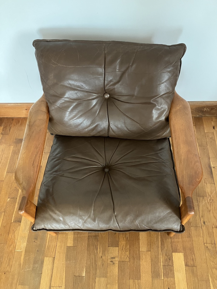 Scandinavian Teak Living Room With Leather Cushions, 3 Armchairs And 1 Three-seater Sofa, Denmark-photo-4