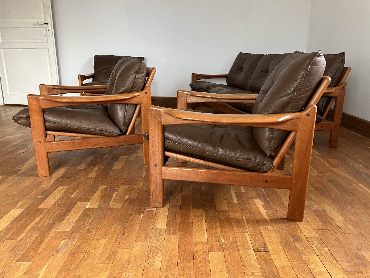 Scandinavian Teak Living Room With Leather Cushions, 3 Armchairs And 1 Three-seater Sofa, Denmark-photo-3