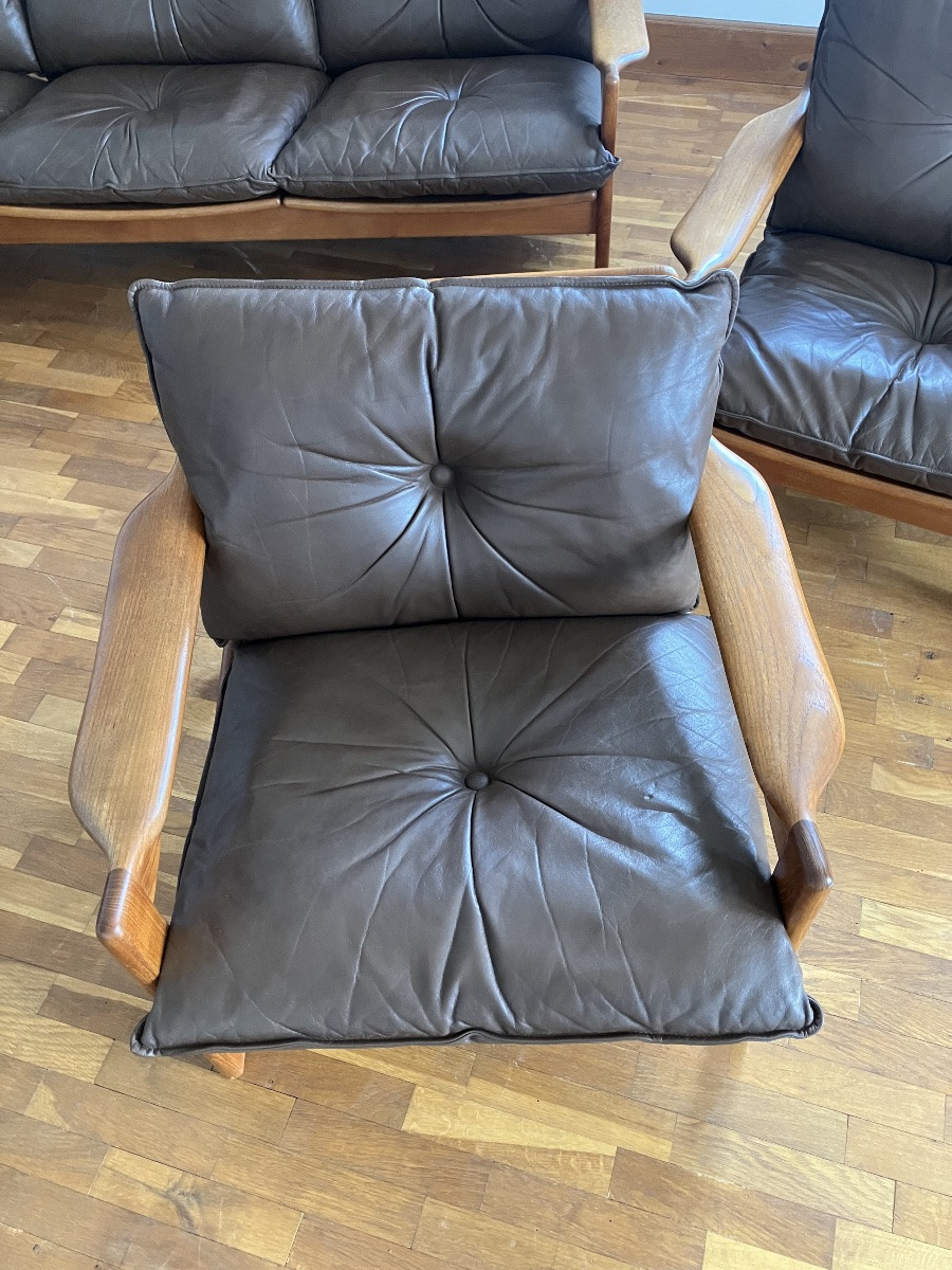 Scandinavian Teak Living Room With Leather Cushions, 3 Armchairs And 1 Three-seater Sofa, Denmark-photo-6