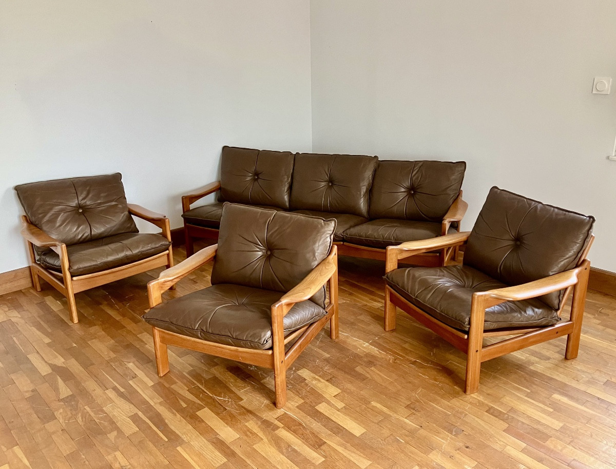 Scandinavian Teak Living Room With Leather Cushions, 3 Armchairs And 1 Three-seater Sofa, Denmark