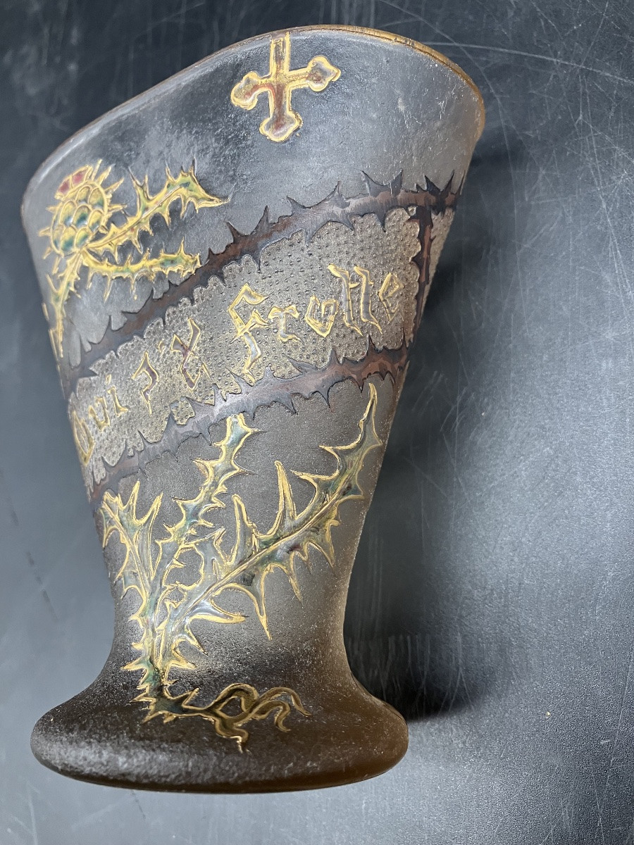 Daum Nancy Art Nouveau Vase With The Motto "whoever Rubs Against It Gets Pricked" Cross Of Lorraine And Thistle-photo-5