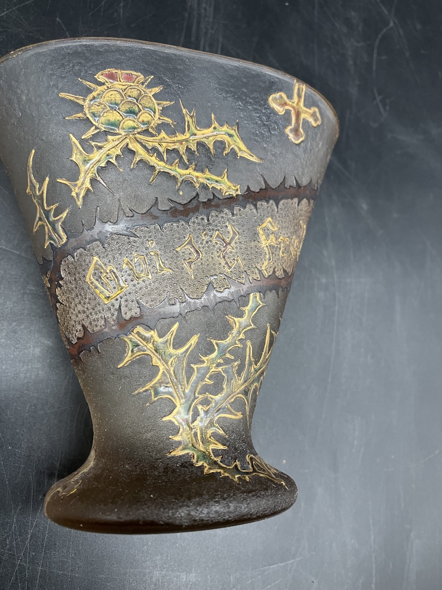 Daum Nancy Art Nouveau Vase With The Motto "whoever Rubs Against It Gets Pricked" Cross Of Lorraine And Thistle-photo-6