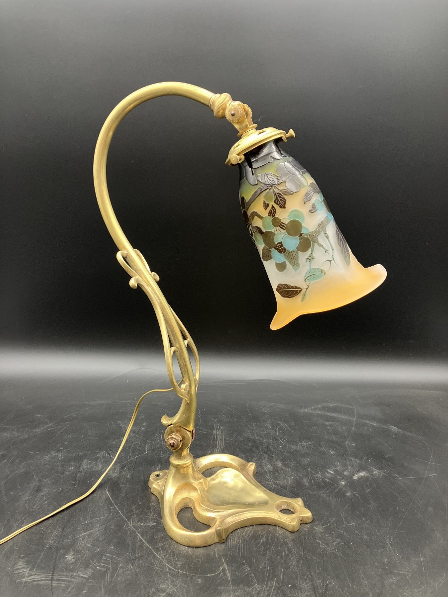 Lampe Gallé Pied bronze art nouveau Tulipe décor prunelles-photo-5