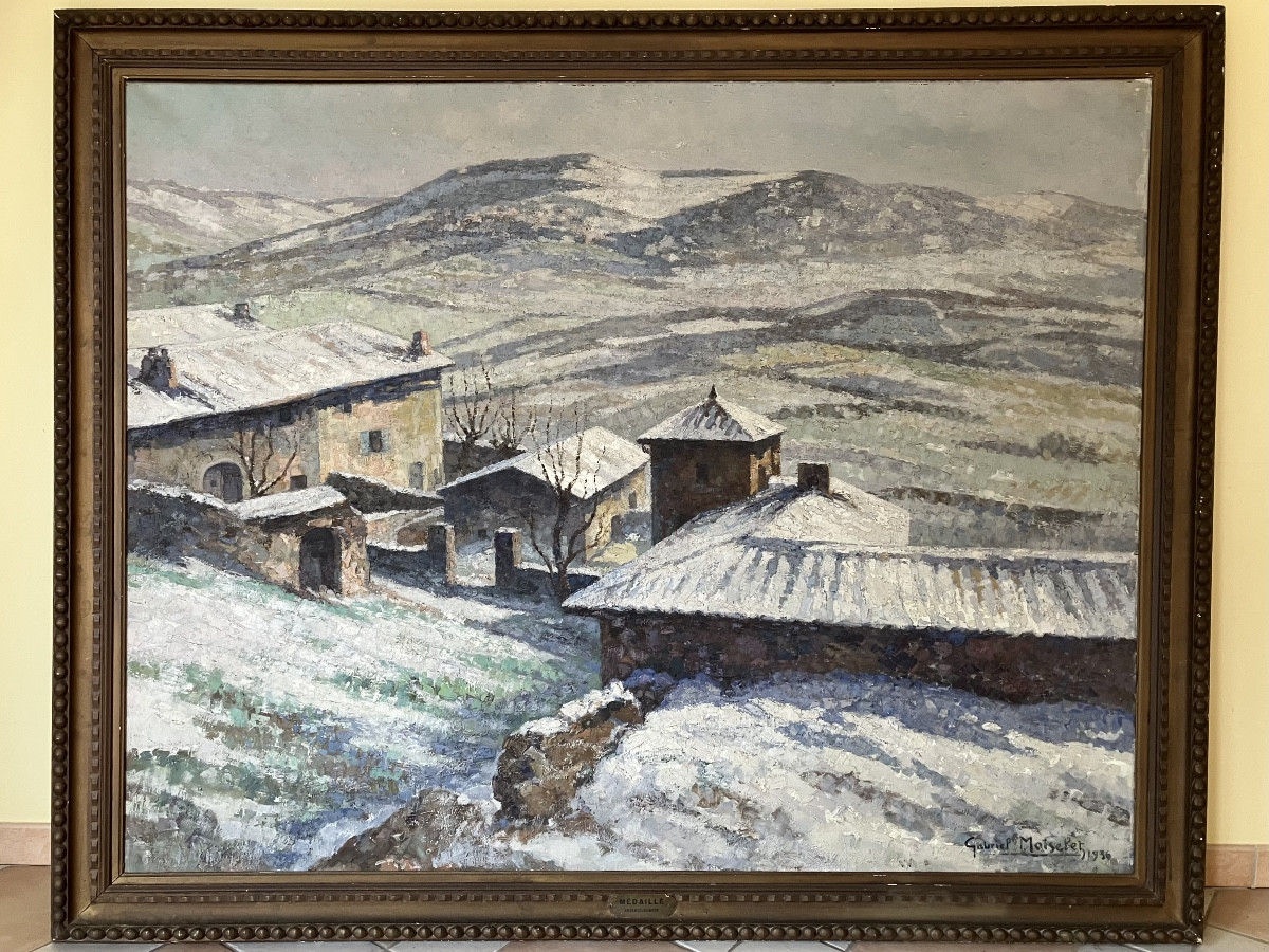 Gabriel Moiselet Grande peinture 133 X 170 paysage Polignac Auvergne Haute Loire sous la neige