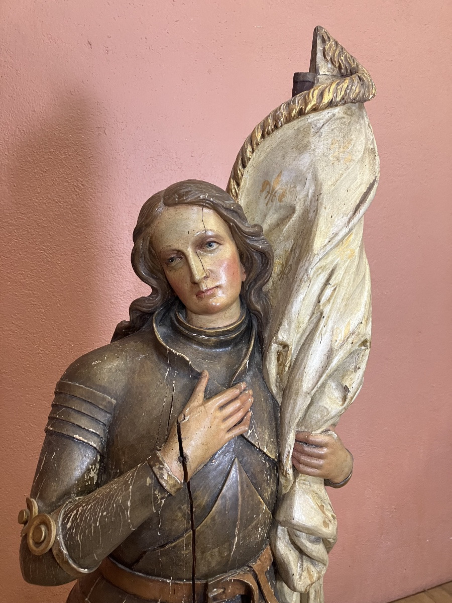 Importante Jeanne d'Arc en bois sculpté polychrome 140 cm 19ème siècle-photo-1