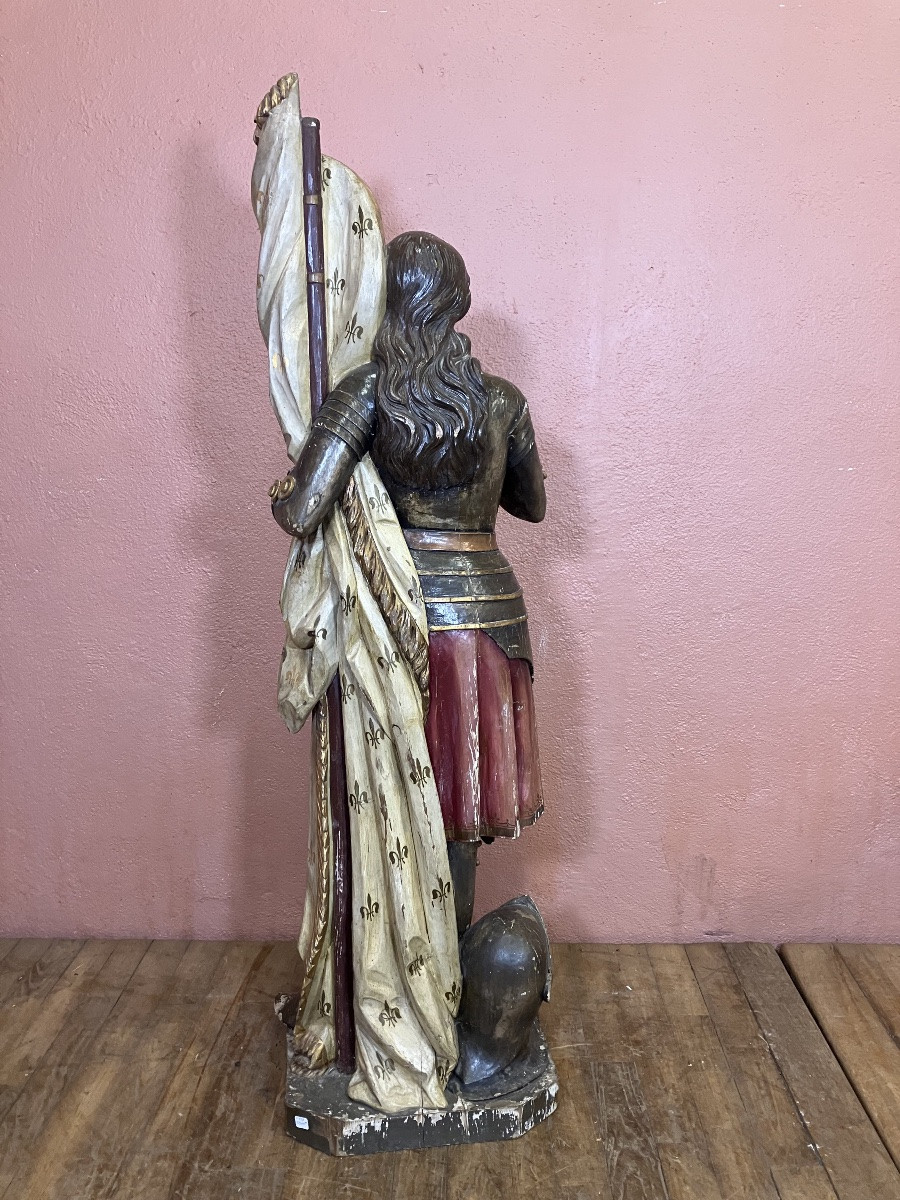 Importante Jeanne d'Arc en bois sculpté polychrome 140 cm 19ème siècle-photo-4