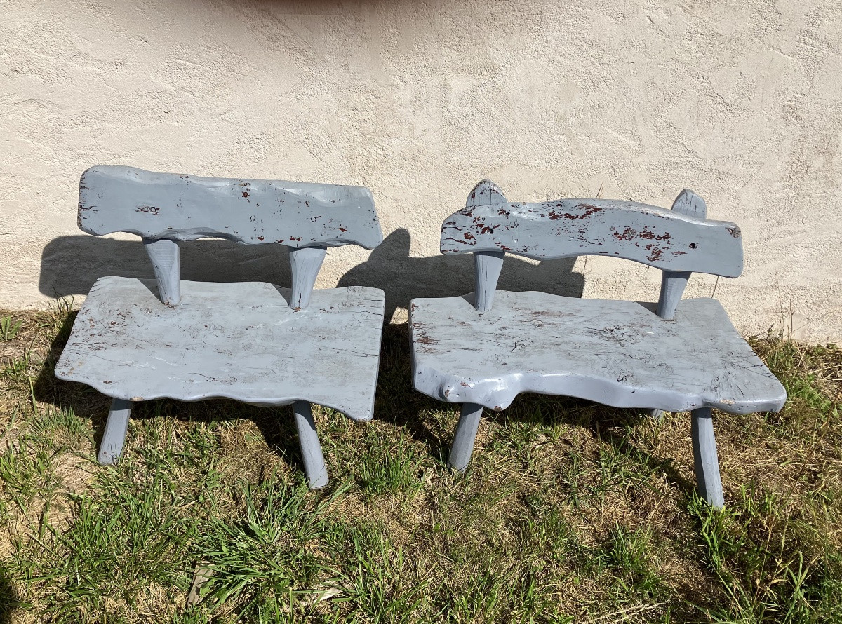 Paire de bancs brutalistes en bois peint jardin-photo-3