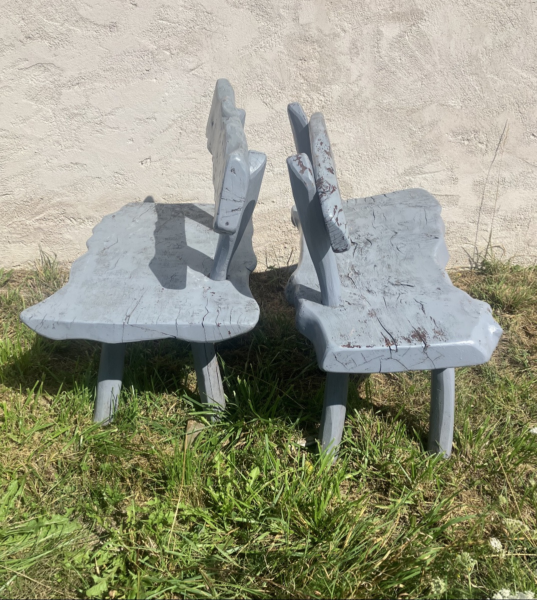 Paire de bancs brutalistes en bois peint jardin-photo-4