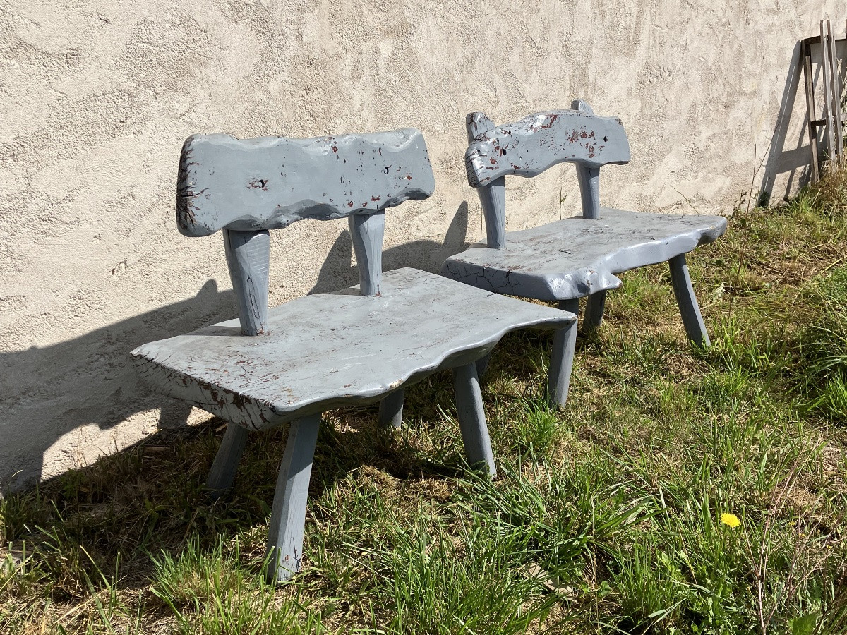 Paire de bancs brutalistes en bois peint jardin-photo-6