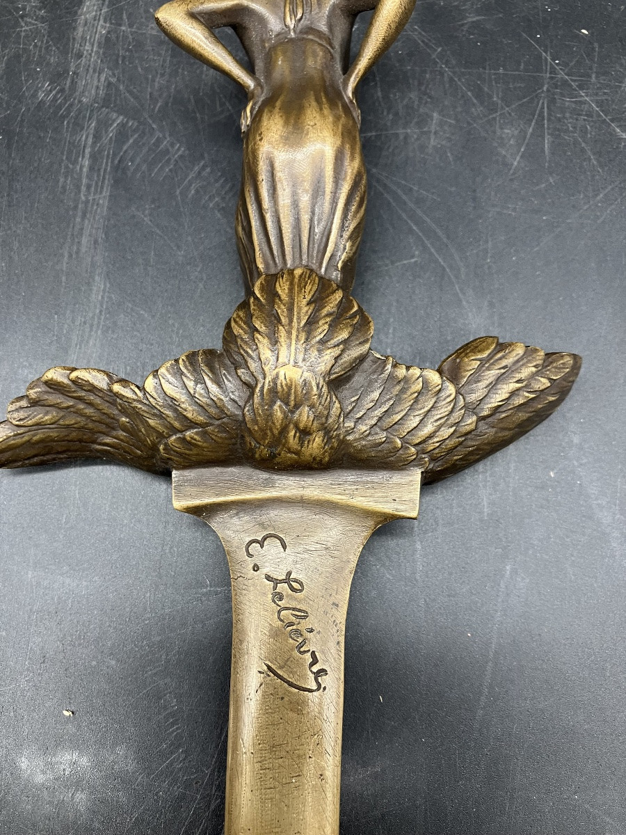 Eugène  Lelièvre Dague coupe papier patriotique Alsace  on les aura bronze art nouveau Alsacien-photo-4
