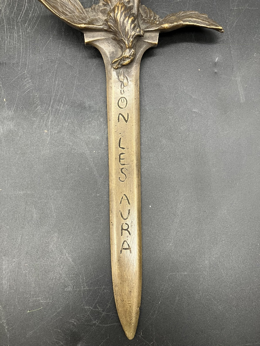 Eugène  Lelièvre Dague coupe papier patriotique Alsace  on les aura bronze art nouveau Alsacien-photo-4