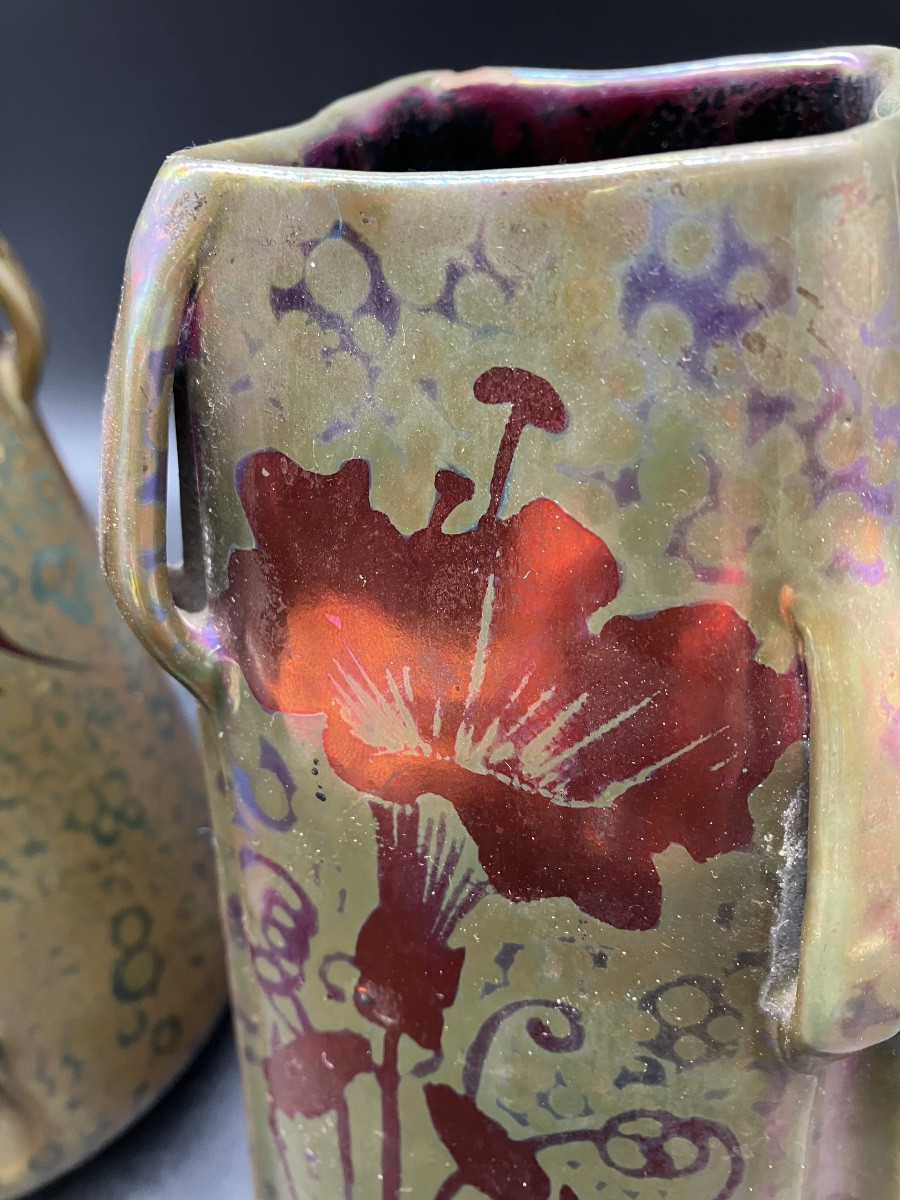Montières Paire de vases art nouveau en faïence lustrée -photo-3