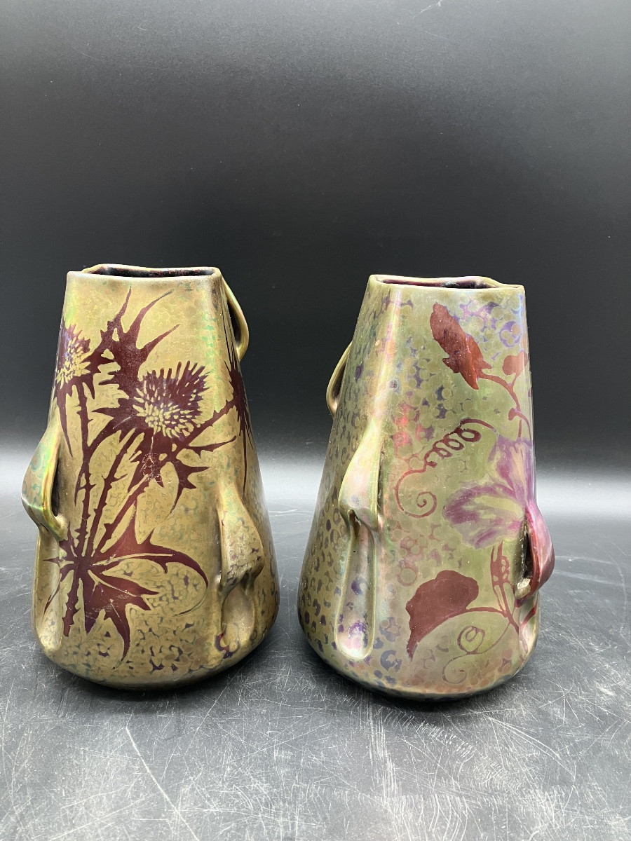 Montières Paire de vases art nouveau en faïence lustrée -photo-4
