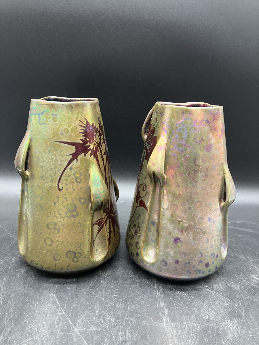 Montières Paire de vases art nouveau en faïence lustrée -photo-1