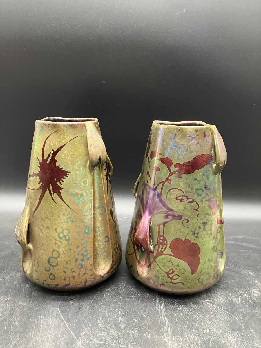 Montières Paire de vases art nouveau en faïence lustrée -photo-2