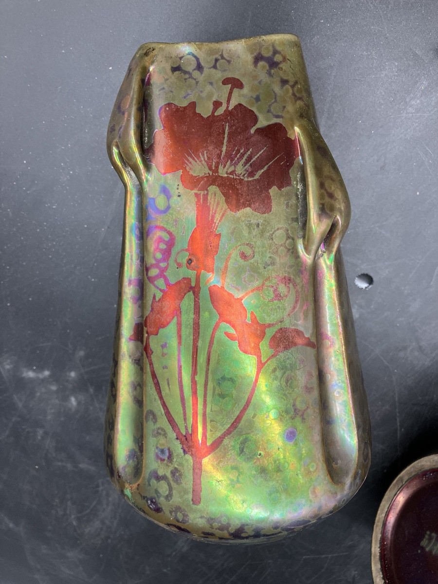 Montières Paire de vases art nouveau en faïence lustrée -photo-5