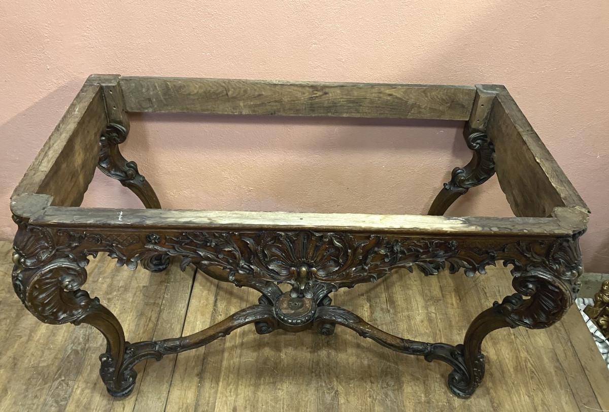 Important Carved Oak Console With Marble Top, 139 Cm, 19th Century Regency Style-photo-2