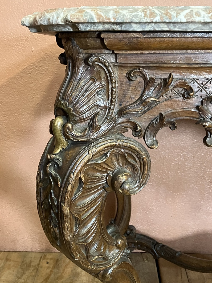 Important Carved Oak Console With Marble Top, 139 Cm, 19th Century Regency Style-photo-3