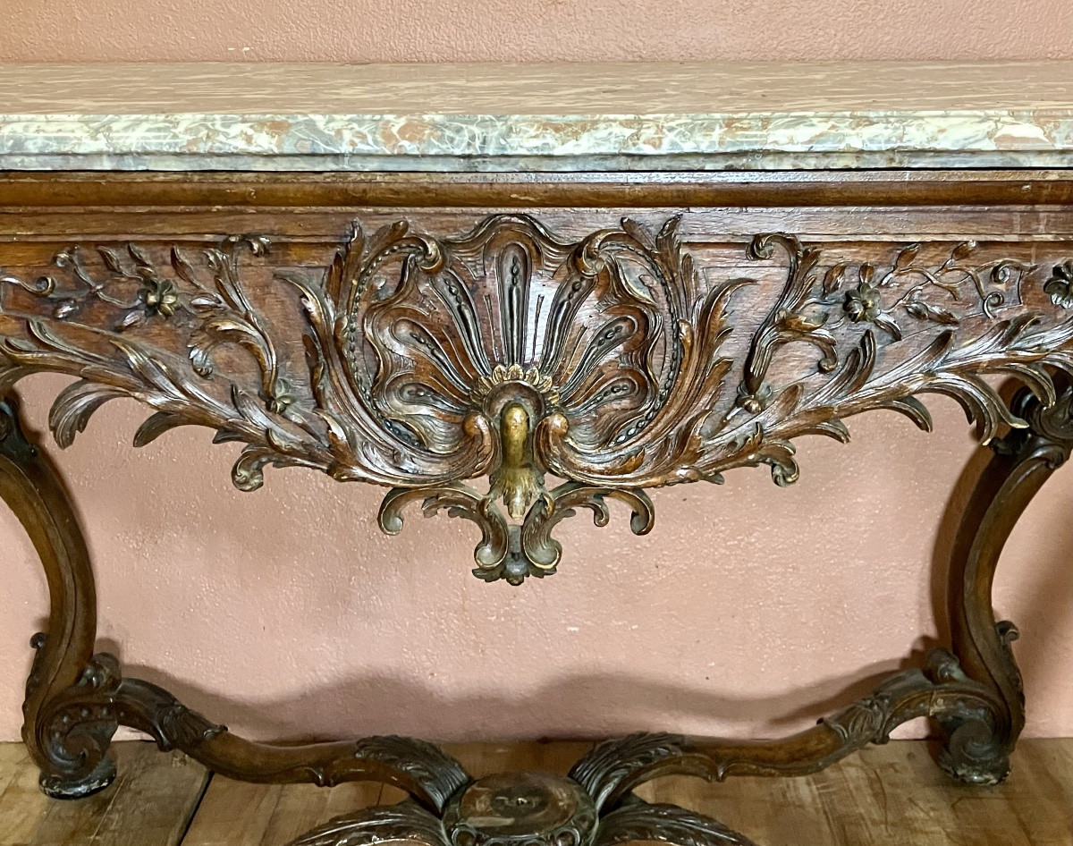 Important Carved Oak Console With Marble Top, 139 Cm, 19th Century Regency Style-photo-4