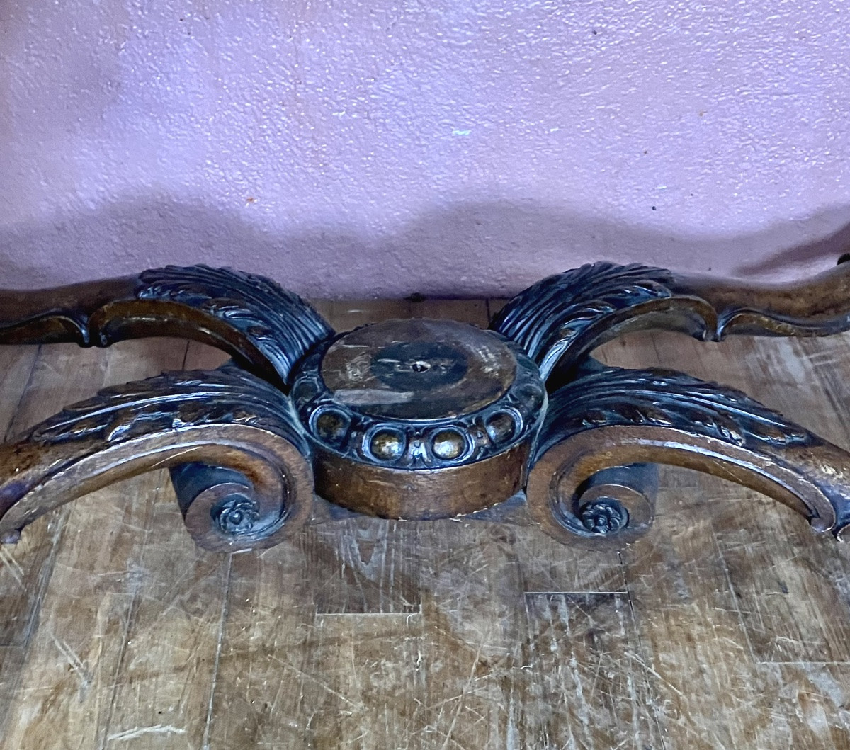 Important Carved Oak Console With Marble Top, 139 Cm, 19th Century Regency Style-photo-2