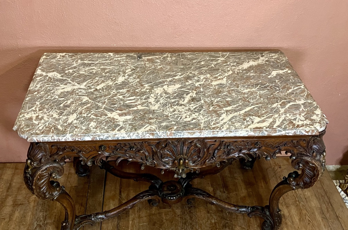Important Carved Oak Console With Marble Top, 139 Cm, 19th Century Regency Style-photo-3