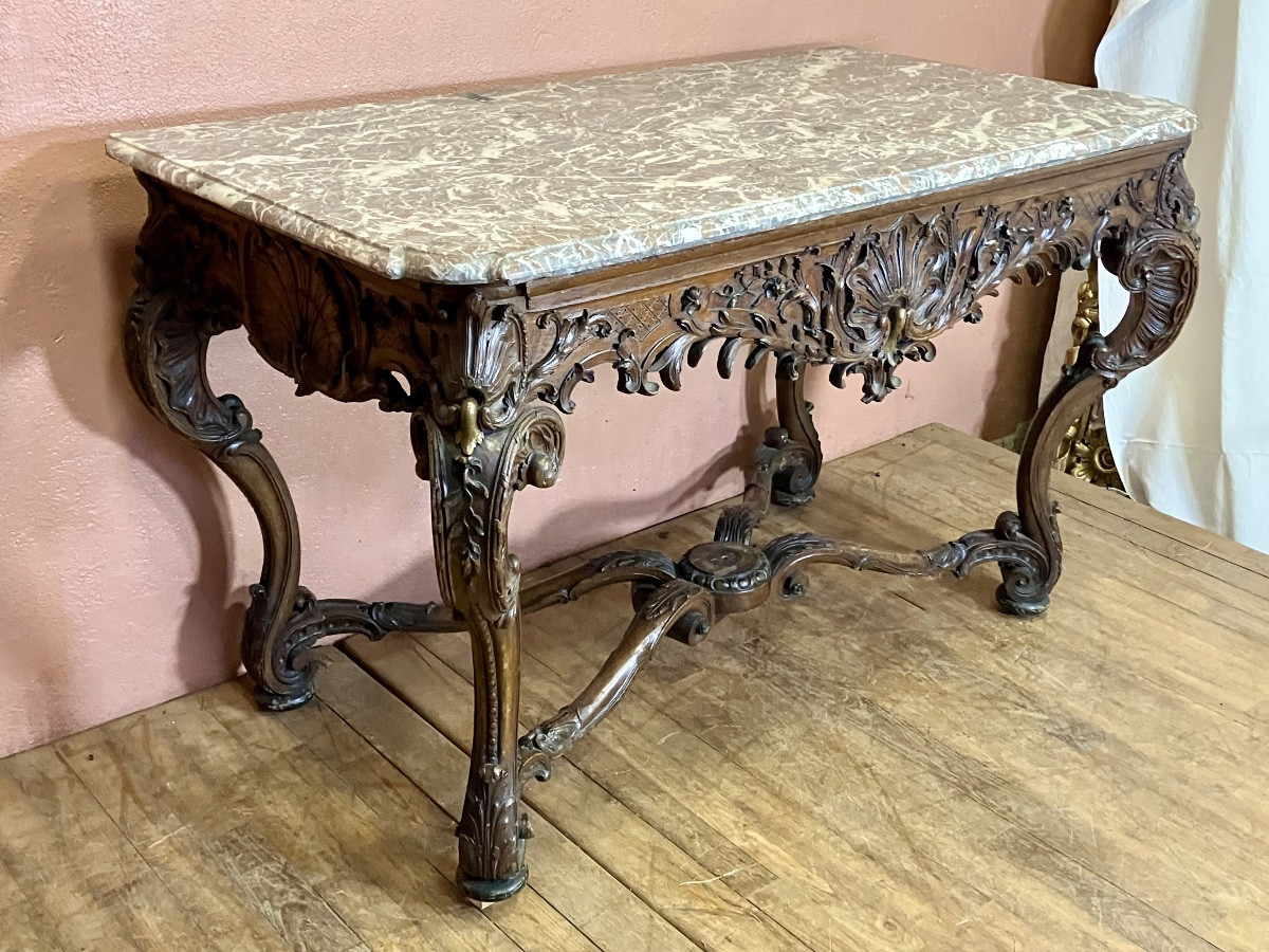 Important Carved Oak Console With Marble Top, 139 Cm, 19th Century Regency Style-photo-5