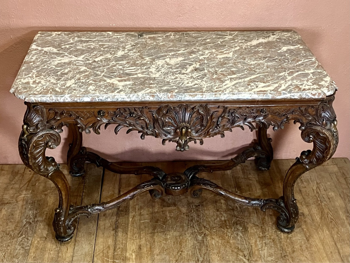 Important Carved Oak Console With Marble Top, 139 Cm, 19th Century Regency Style-photo-6