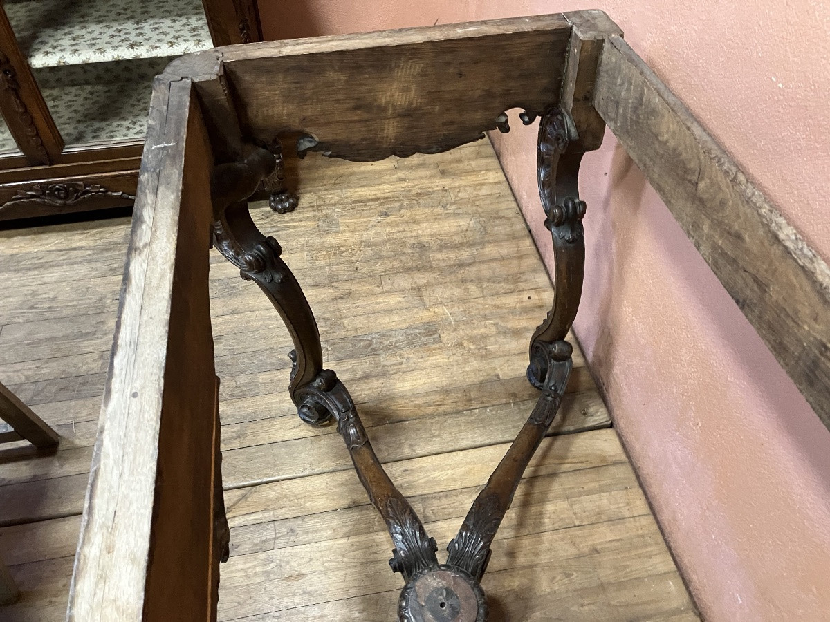 Important Carved Oak Console With Marble Top, 139 Cm, 19th Century Regency Style-photo-7