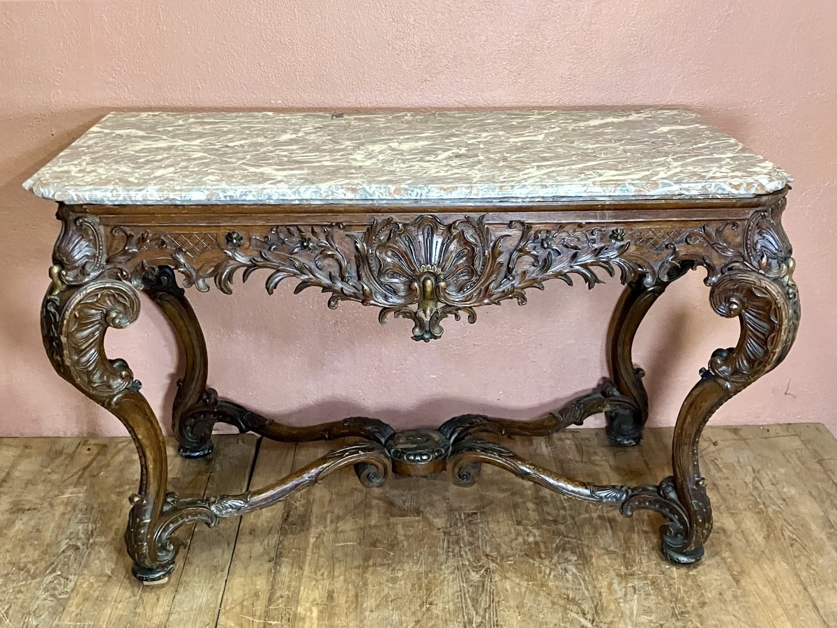 Important Carved Oak Console With Marble Top, 139 Cm, 19th Century Regency Style