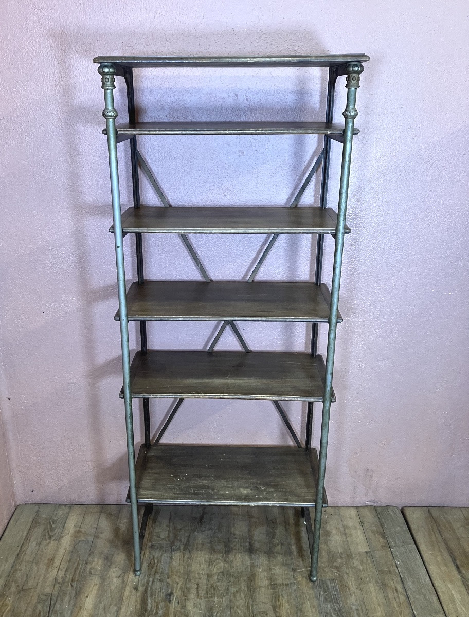 Etagère de magasin Théodore Scherf Paris en métal et bois largeur 65 cm meuble de métier 1920-photo-5