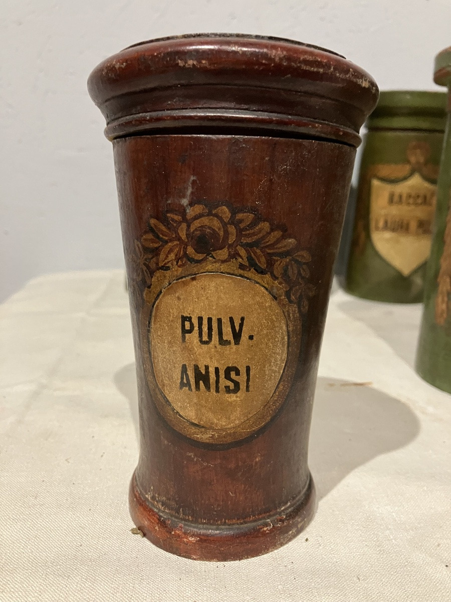 Bel ensemble de 19 pots à pharmacie en bois Époque 19 eme -photo-3