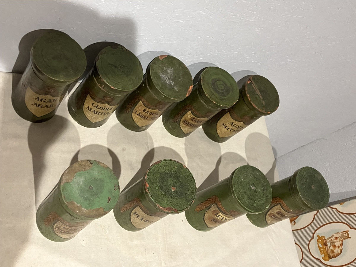 Bel ensemble de 19 pots à pharmacie en bois Époque 19 eme -photo-1