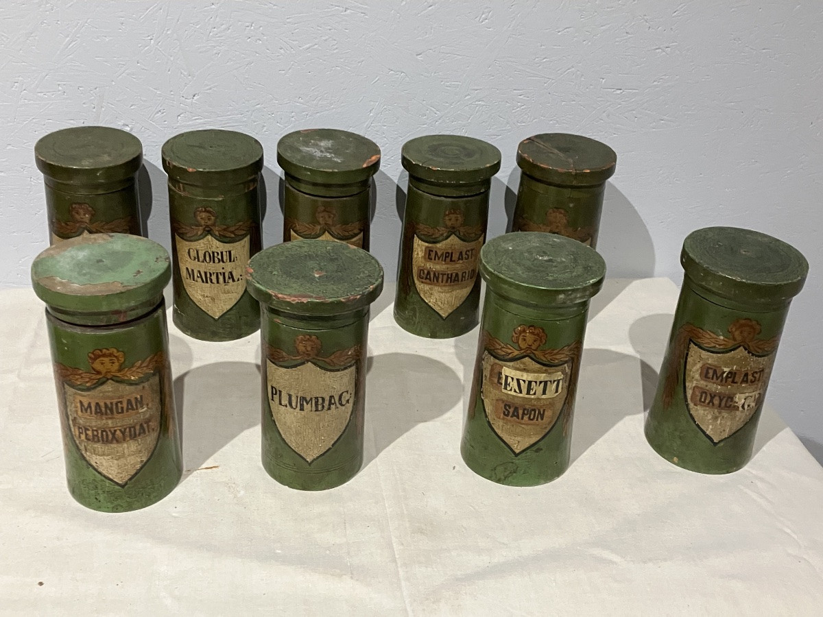 Bel ensemble de 19 pots à pharmacie en bois Époque 19 eme -photo-2