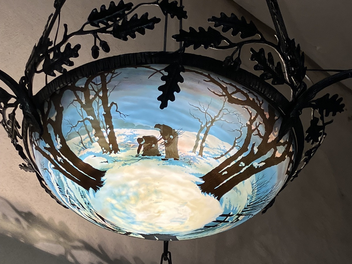 Muller Frères Luneville exceptionnel lustre paysage de neige ramasseuses de fagots -photo-2