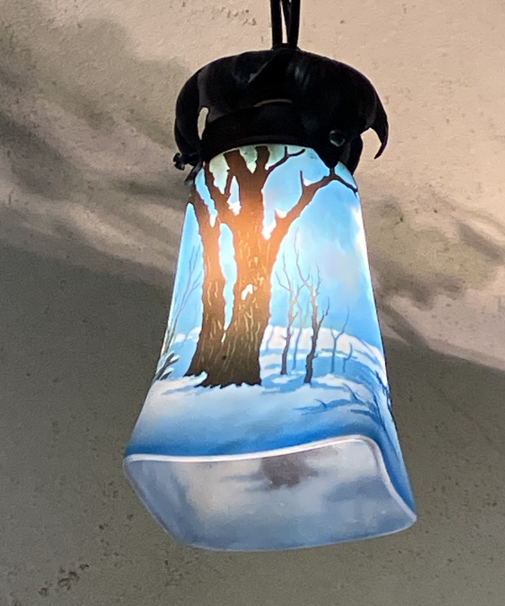 Muller Frères Luneville exceptionnel lustre paysage de neige ramasseuses de fagots -photo-3