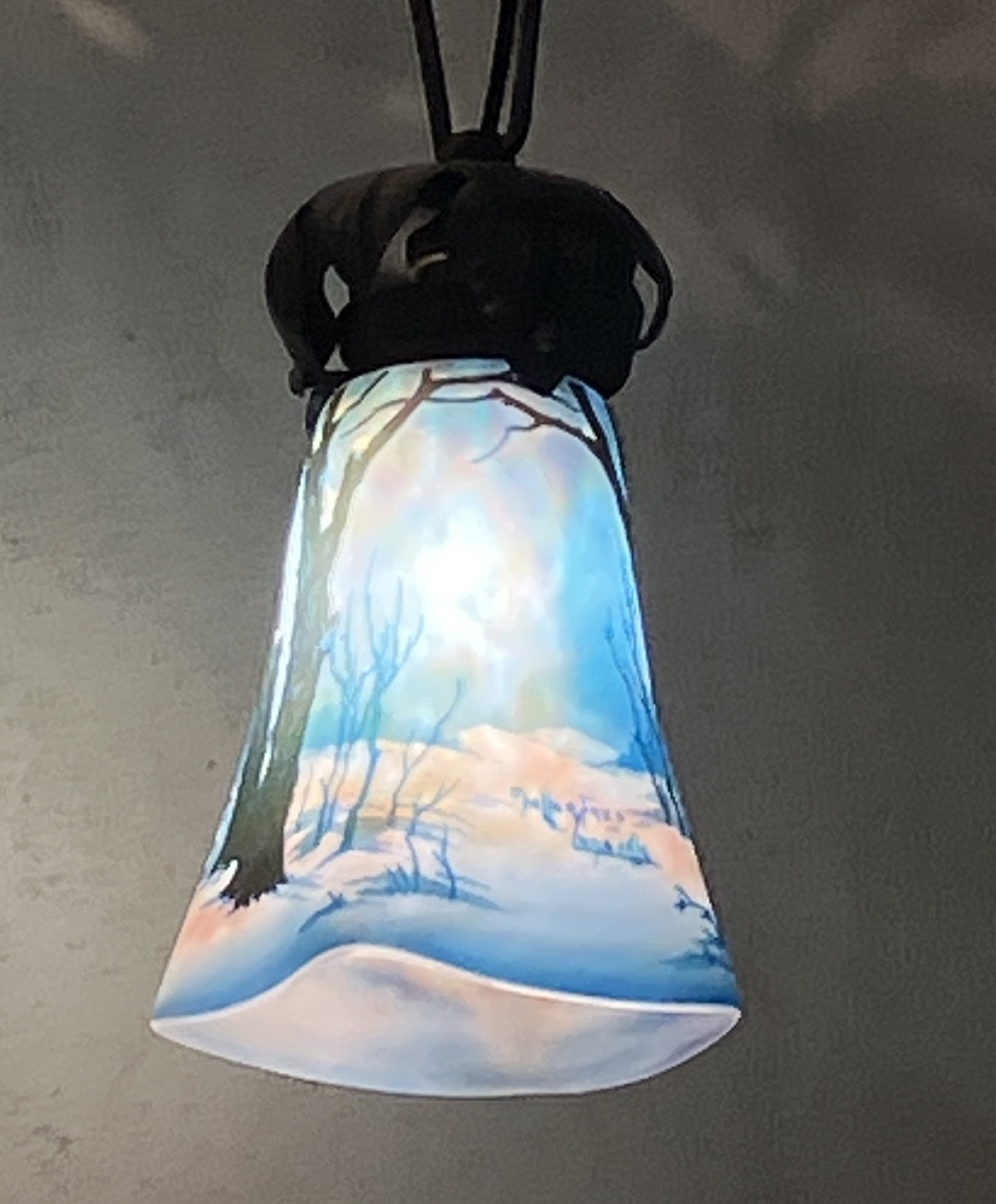 Muller Frères Luneville exceptionnel lustre paysage de neige ramasseuses de fagots -photo-4