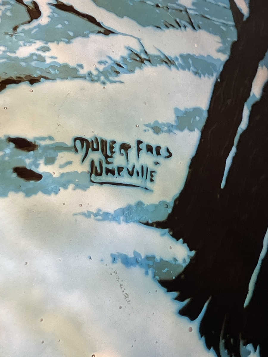 Muller Frères Luneville exceptionnel lustre paysage de neige ramasseuses de fagots -photo-4