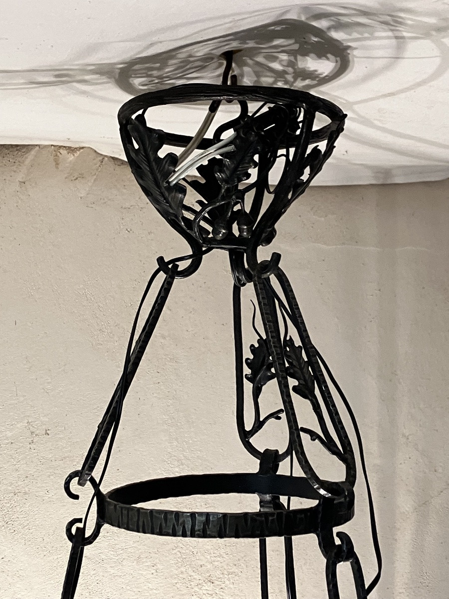 Muller Frères Luneville exceptionnel lustre paysage de neige ramasseuses de fagots -photo-6