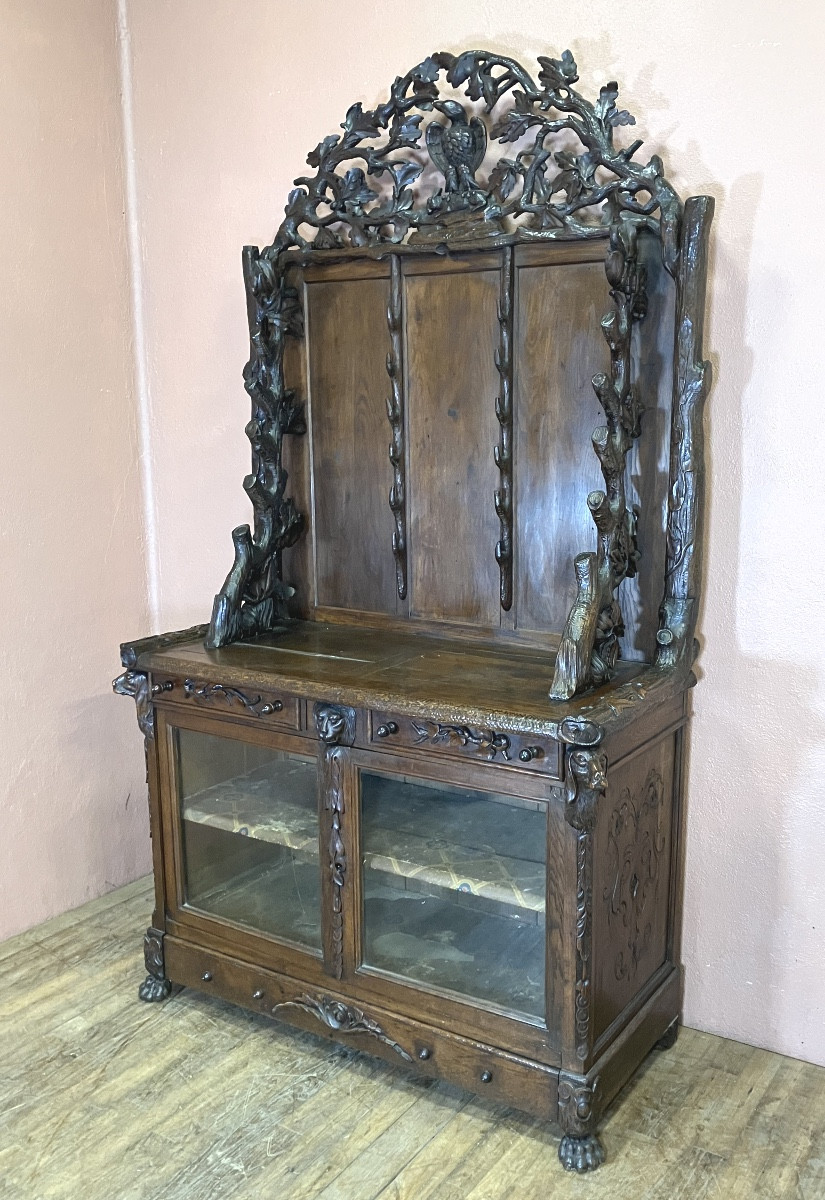 Desserte de chasse Louis XIII porte fusils en chêne époque 19ème Buffet pavillon de chasse