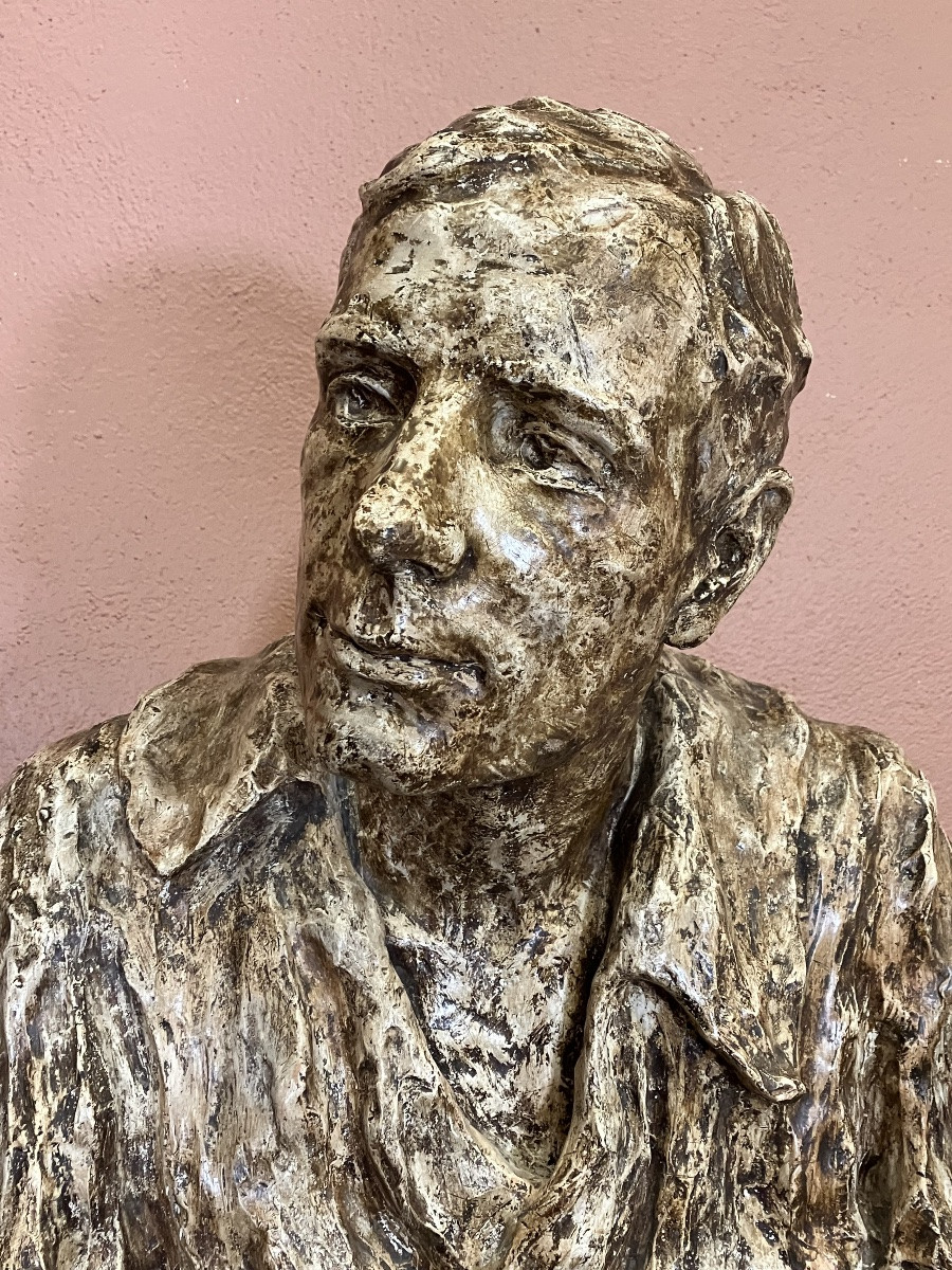 Patinated Plaster Bust Of A Writer On His Sculptor's Stand. Signed Marie Anne Lafaurie, 1906.-photo-3
