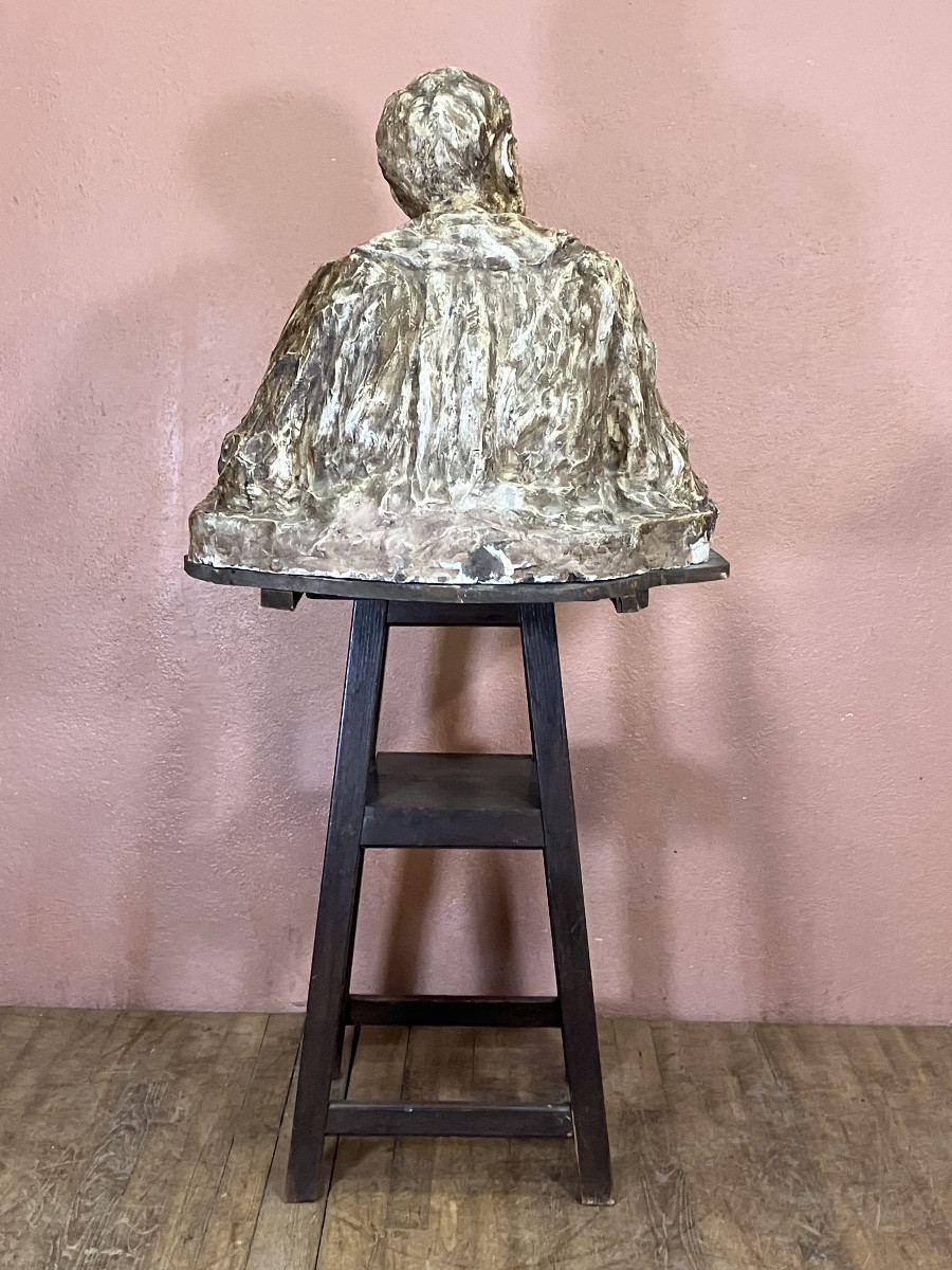 Patinated Plaster Bust Of A Writer On His Sculptor's Stand. Signed Marie Anne Lafaurie, 1906.-photo-2