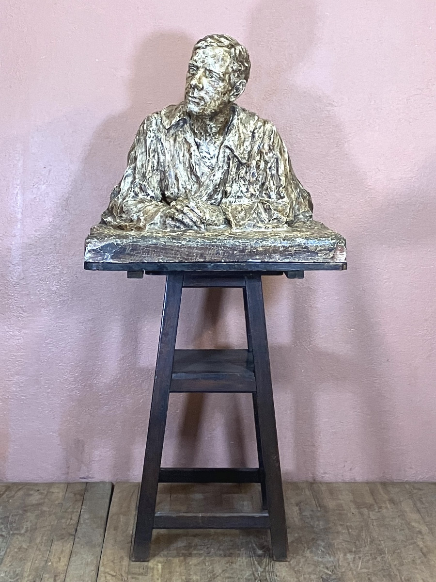 Patinated Plaster Bust Of A Writer On His Sculptor's Stand. Signed Marie Anne Lafaurie, 1906.